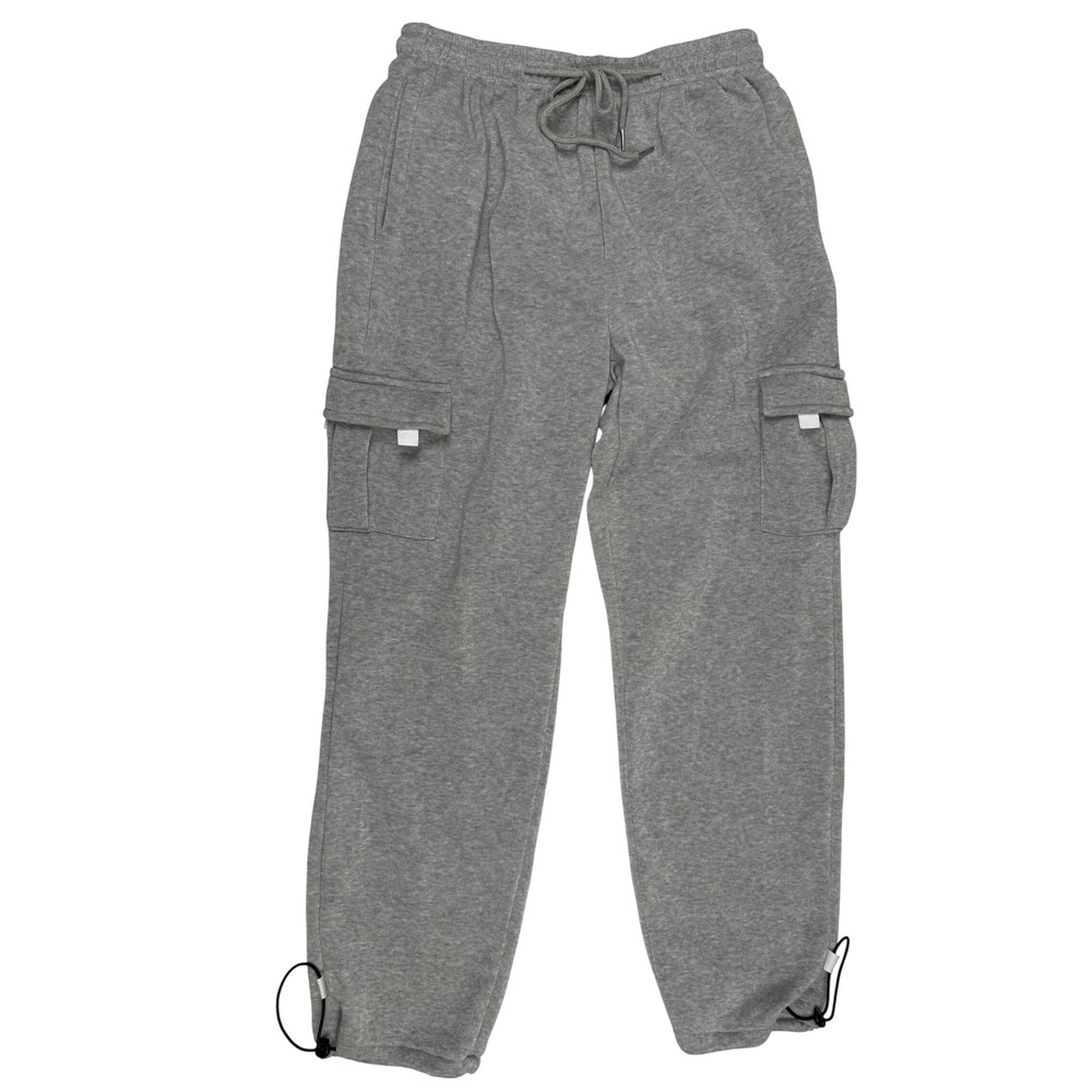 Mens Grey Heather Cargo Sweatpants Adjustable Bungee Hem Joggers Size M Soft